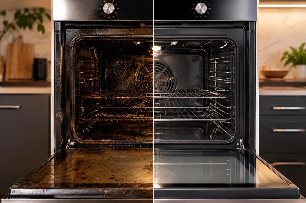 Before and after professional oven cleaning showing dirty and sparkling clean oven