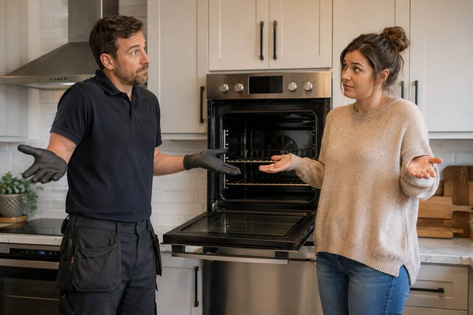 Homeowner and professional oven cleaner discussing whether to clean a dirty oven in a modern kitchen in Mandurah