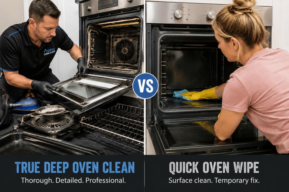 Split image showing a professional deep oven clean with an oven door removed and fan exposed compared to a quick oven wipe inside a household oven.